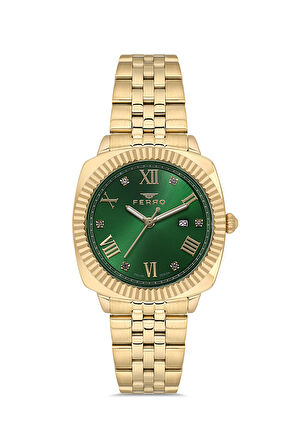 Ferro FL21625AWT-B6 Quartz Çelik Altın Rengi Yeşil Kadran 32 mm Kadın Kol Saati