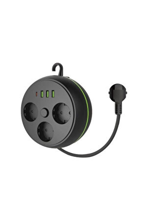 Airstorr Termal Akım Korumalı Makaralı 2M Kablolu 3 Prizli 3 USB 1 Type-C Priz