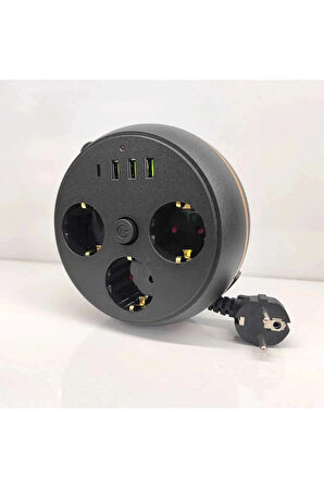 Airstorr Termal Akım Korumalı Makaralı 2M Kablolu 3 Prizli 3 USB 1 Type-C Priz