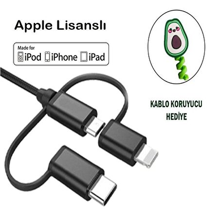 Awetron Apple Mfi Lisanslı Lightning + Type-C + Micro Usb 3'lü Hasır İp Kablo 1,5metre