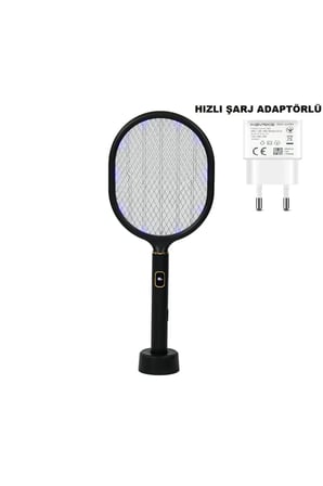 Dijital Ekranlı Standlı Şarjlı Mor Işıklı  USB Type-C Elektrikli Sivrisinek Öldürücü El Tipi Sinek Raketi Siyah
