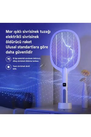 Dijital Ekranlı Standlı Şarjlı Mor Işıklı  USB Type-C Elektrikli Sivrisinek Öldürücü El Tipi Sinek Raketi Siyah