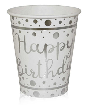 Bardak Happy Birthday Varakli Beyaz ( 6 Adet )
