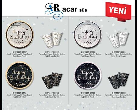 Bardak Happy Birthday Varakli Beyaz ( 6 Adet )