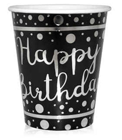 Bardak Happy Birthday Varakli  Siyah ( 6 Adet )