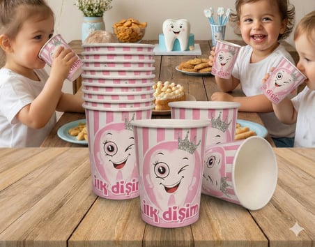 8 Oz - Bardak Karton 8 ADET Pembe İlk Dişim Partisi Diş Buğdayı Kız Çocuk Parti Seti