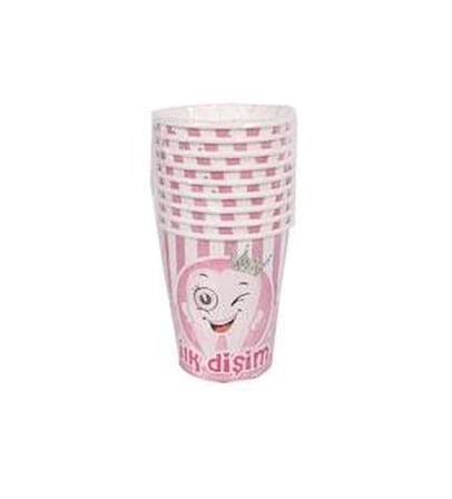 8 Oz - Bardak Karton 8 ADET Pembe İlk Dişim Partisi Diş Buğdayı Kız Çocuk Parti Seti