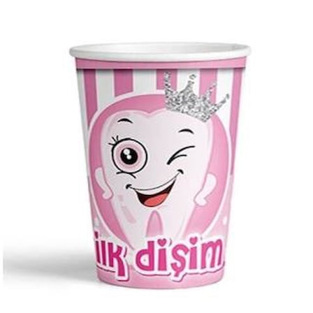 8 Oz - Bardak Karton 8 ADET Pembe İlk Dişim Partisi Diş Buğdayı Kız Çocuk Parti Seti