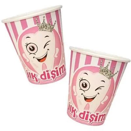 8 Oz - Bardak Karton 8 ADET Pembe İlk Dişim Partisi Diş Buğdayı Kız Çocuk Parti Seti