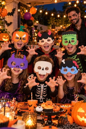 Halloween Cadılar Bayramı 6'lı Karton Yüz Maskesi Seti Çocuk Kostüm Partisi Balkabağı ve İskelet