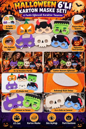 Halloween Cadılar Bayramı 6'lı Karton Yüz Maskesi Seti Çocuk Kostüm Partisi Balkabağı ve İskelet