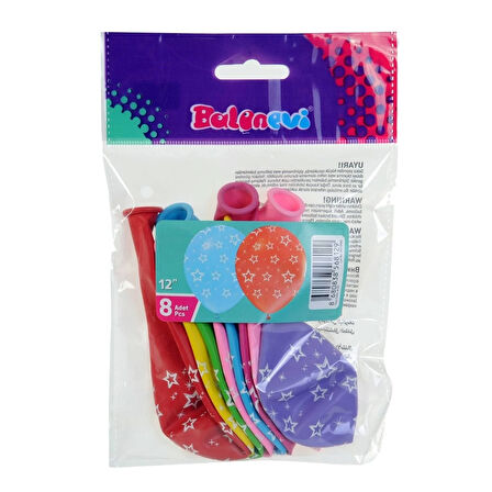 Balon Evi Çepeçevre Yıldız Baskılı 12inç Balonlar 8'Li