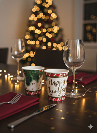 6'lı Paket Yılbaşı Temalı Lüks Karton Bardak - Happy New Year Gold Varaklı - Yılbaşı Partisi İçecek Bardağı