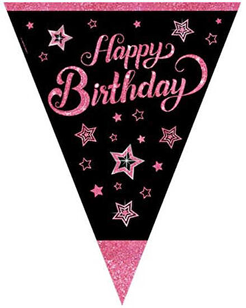 FLAMA ÜÇGEN BAYRAK PINK STARS HAPPY BIRTHDAY 1 ADET
