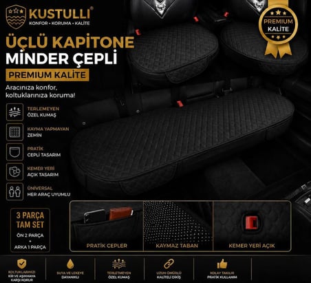 Kustulli 3'lü Kapitone Terletmeyen Oto Koltuk Minder Cepli Model (Siyah)