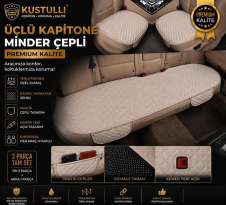 Kustulli 3'lü Kapitone Terletmeyen Oto Koltuk Minder Cepli Model (Krem)