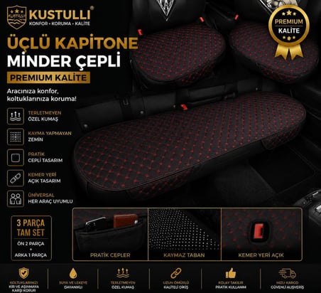 Kustulli 3'lü Kapitone Terletmeyen Oto Koltuk Minder Cepli Model (Kırmızı)