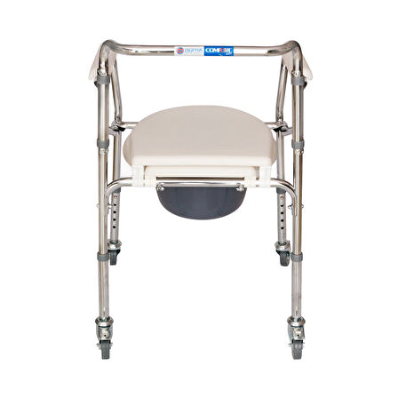 Comfort Plus Tekerlekli Kovalı Komot | Katlanabilir, Nikelaj Kaplamalı, Sabitleme Sistemli DM-696