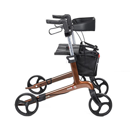 Comfort Plus Rolatör Yürüteç Kahverengi | Carbon Fiber Şase, 8” Tekerlekli, Katlanabilir Hafif Yapı, Oturaklı ve Sepetli Model, Spirit-X4