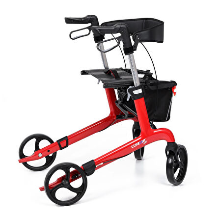 Comfort Plus Rolatör Yürüteç Kırmızı| Carbon Fiber Şase, 8” Tekerlekli, Katlanabilir Hafif Yapı, Oturaklı ve Sepetli Model, Spirit-X4