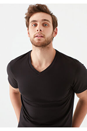 STRETCH V YAKA T-SHIRT SIYAH