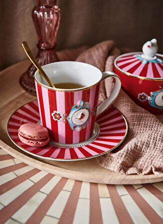 Pip Studio Porselen Kırmızı Kupa LOVEBİRDSKIRMIZIPEMBEÇİZGİLİMUG