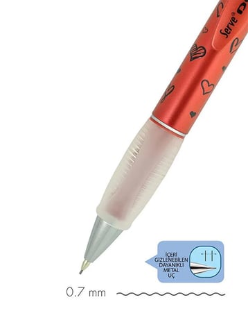 Serve Deep Versatil Kalem 0.7 mm Metalik Lava Red Kalp Desenli SVDEEP07DMKRM