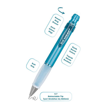 Serve Deep Grip-Silgi Yedekli Mekanik Versatil Uçlu Kalem Yeryüzü Renkleri 0.5