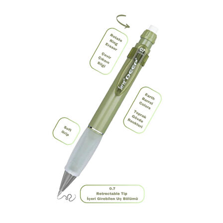 Serve Deep Grip-Silgi Yedekli Mekanik Versatil Uçlu Kalem Yeryüzü Renkleri 0.5