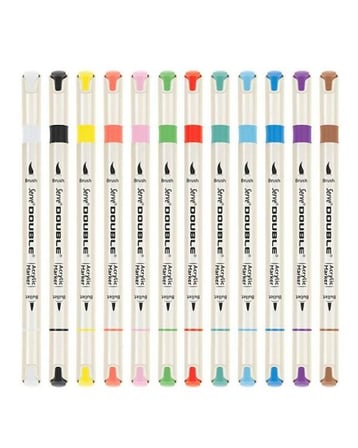 Serve Double Çift Uçlu Akrilik Marker Kalem Seti Fırça ve Keçeli Uç 12 Renk SVDAM12P
