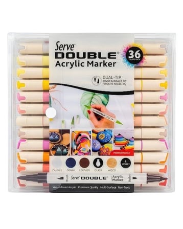 Serve Double Çift Uçlu Akrilik Marker Kalem Seti Fırça ve Keçeli Uç 36 Renk SVDAM36P