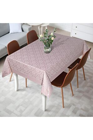 Pamuklu Damask Desen Pudra Pembe Renk Lüks Masa Örtüsü 160x220 Cm