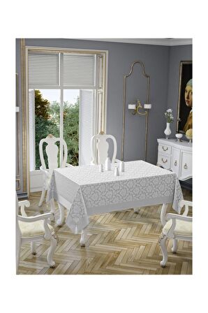 Polycotton Pamuklu Damask Desen Gümüş Gri Renk Luks Masa Örtüsü 160x220cm