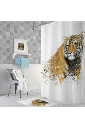 Banyo Perdesi Kaplan Desen Banyo Perdesi Tek Kanat 180x200 Cm Duş Perdesi 12 C-halka Hediye