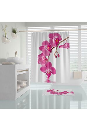 Orkide Çiçek Desenli Dijital Baskılı Solma Yapmaz Su Geçirmez Polyester Kumaş Banyo Perdesi