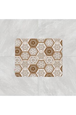 Banyo Paspası Mozaik Desenli Kahverengi Baskılı 50x80 Püsküllü Polyester Kaymaz Tabanlı Duş Paspası