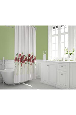 Kır Banyo Perdesi 180x200cm Tek Kanat Duş Perdesi, Renkli Çiçekli Banyo Duş Perdesi, Halkalı Perde