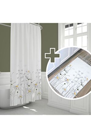 Çiçekli Banyo Perde Ve Paspas Seti-papatyalı Banyo Perdesi+banyo Paspası-kaymaz Taban Banyo Paspası