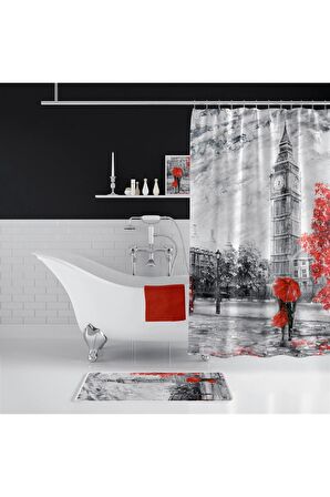 Banyo Paspas Seti, Taş Desen Banyo Perdesi Takımı, Yıkanabilir Paspas Ve Duş Perdesi Seti, C Halkalı