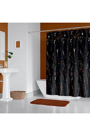 Siyah Mermer Desenli Banyo Perdesi, 180x200cm Duş Perdesi-tek Kanat Duş Perdesi-c Halka Hediyeli