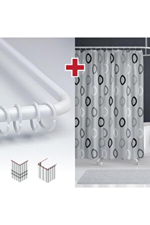 Etnik Desen Banyo Perdesi Askı Hediyeli 180x200cm Tek Kanat Kahverengi Duş Perdesi, L Boru Hediyeli