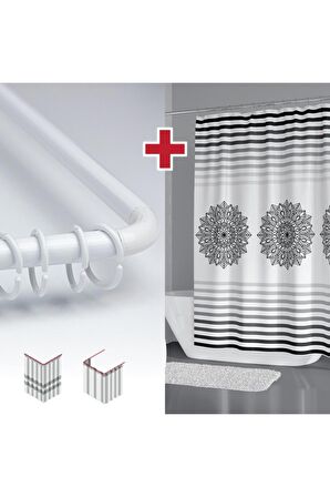 Etnik Desen Banyo Perdesi Askı Hediyeli 180x200cm Tek Kanat Kahverengi Duş Perdesi, L Boru Hediyeli