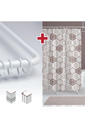 Etnik Desen Banyo Perdesi Askı Hediyeli 180x200cm Tek Kanat Kahverengi Duş Perdesi, L Boru Hediyeli