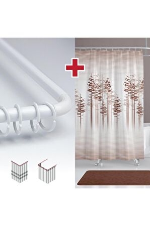 Etnik Desen Banyo Perdesi Askı Hediyeli 180x200cm Tek Kanat Kahverengi Duş Perdesi, L Boru Hediyeli