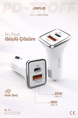 USB ve Type-C Girişli 38W Hızlı Araç Çakmaklık Şarj Aleti Başlığı Universal JO-A7