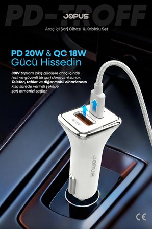 Type-C Kablolu Araç Şarj Aleti Çakmaklık Seti - Type-C + USB Girişli 38W JO-A7