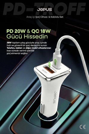 İphone Araç Şarj Aleti Çakmaklık Seti - Lightning + USB Girişli 38W JO-A7