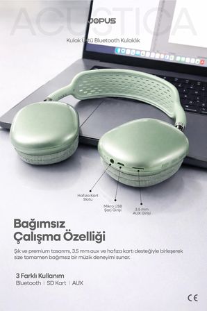 Bluetooth Kulaklık iOS Android Uyumlu Yüksek Ses Kalitesi Mikrofonlu Kulaklık Acustica Yeşil