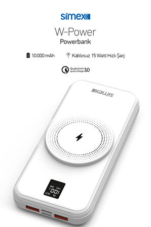 Simex Powerbank 10000mAh Dahili Kablolu 22,5W 15W Magnetic Wireless S-33 W-Power Beyaz