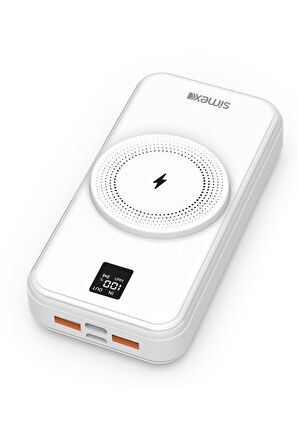 Simex Powerbank 20000mAh Dahili Kablolu 22,5W 15W Magnetic Wireless S-33 W-Power Beyaz